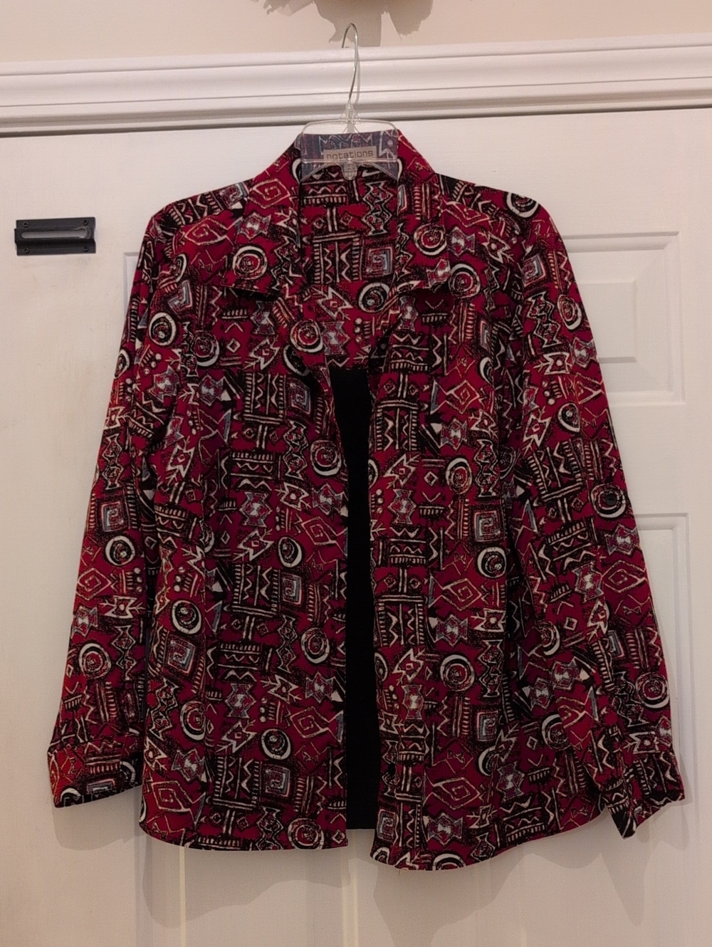 Notations Woman Red/Black Geo Print Button Up Blouse, Size 2X